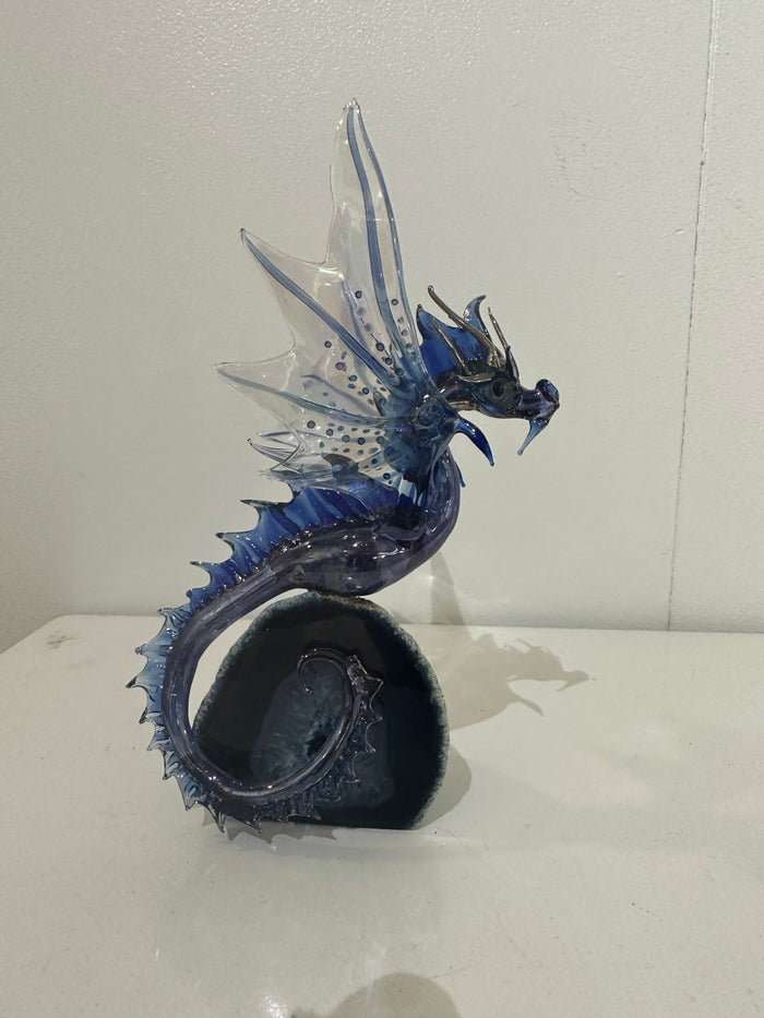 Blue Glass Dragon Sculpture on Agate by Sandra Young