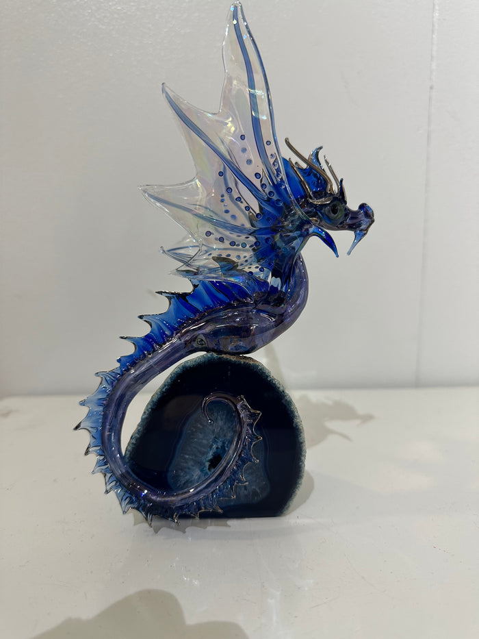 Blue Glass Dragon Sculpture on Agate