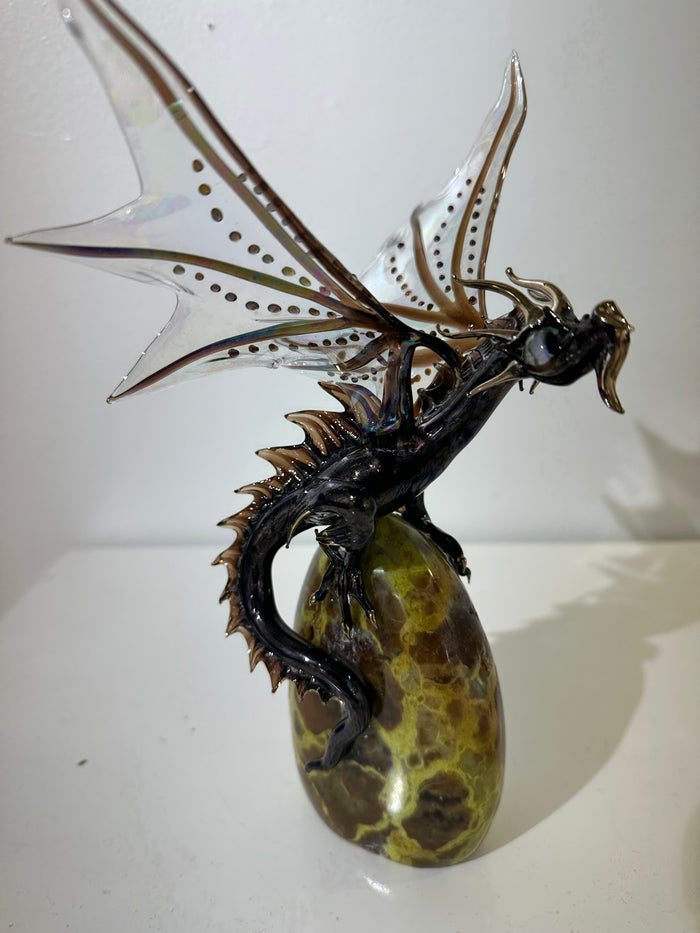 Brown/Amber Glass Dragon Sculpture on Quartz by Sandra Young