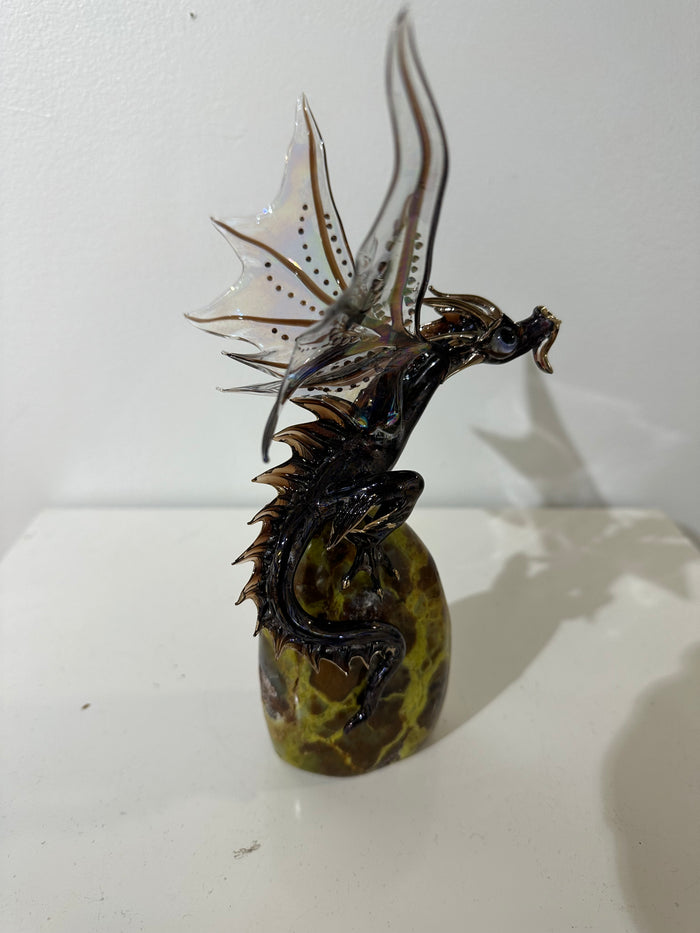 Brown/Amber Glass Dragon Sculpture on Quartz