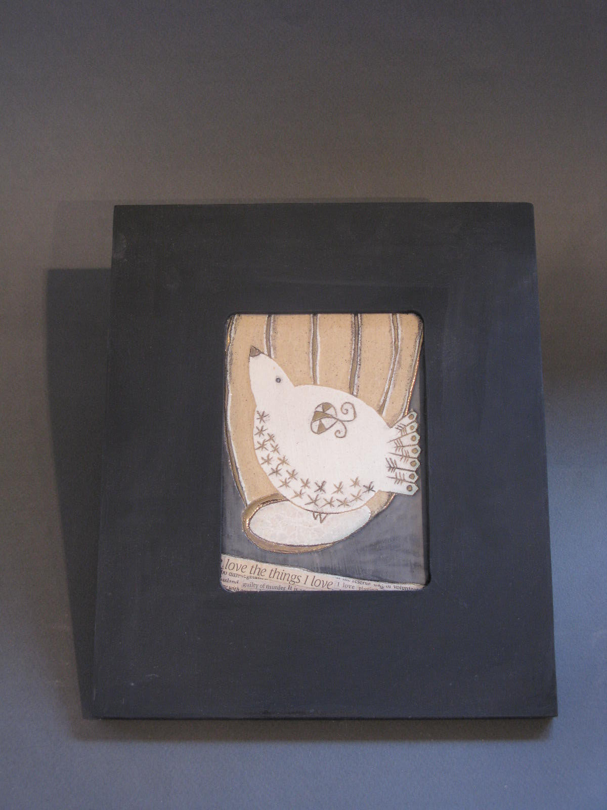 Black Framed Ceramic Tile of Bird with Collage and Gilding by Sophie Smith
