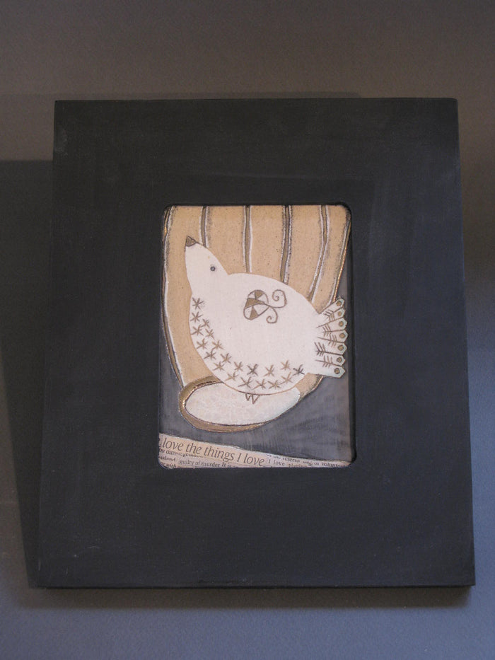 Black Framed Ceramic Tile of Bird with Collage and Gilding by Sophie Smith