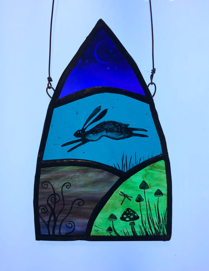 "Moon Hare" Stained glass panel by Debra Eden