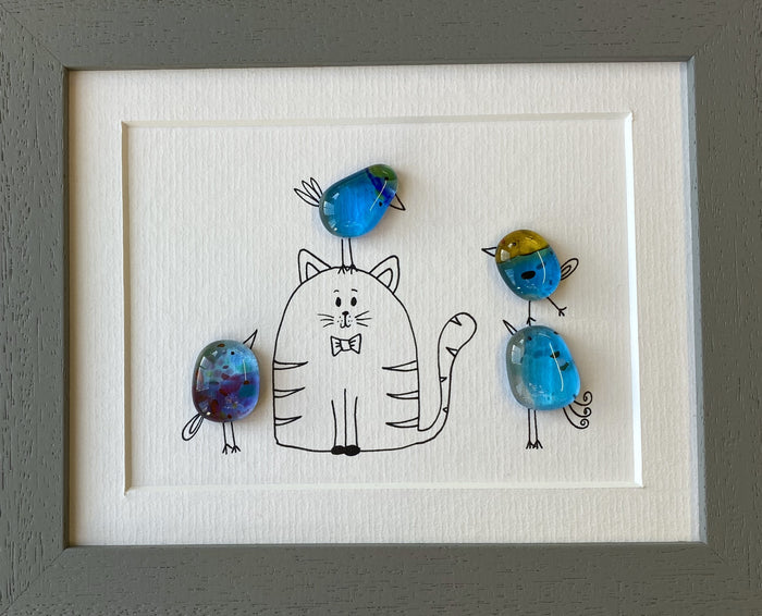Cat & Birds - Fused Glass and Illustration (NB203) by Niko Brown
