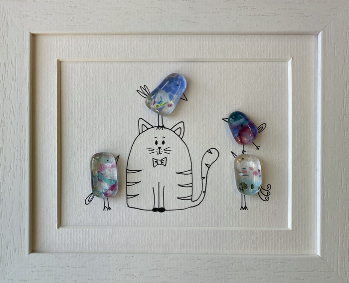 Cat & Birds - Fused Glass and Illustration (NB206) by Niko Brown