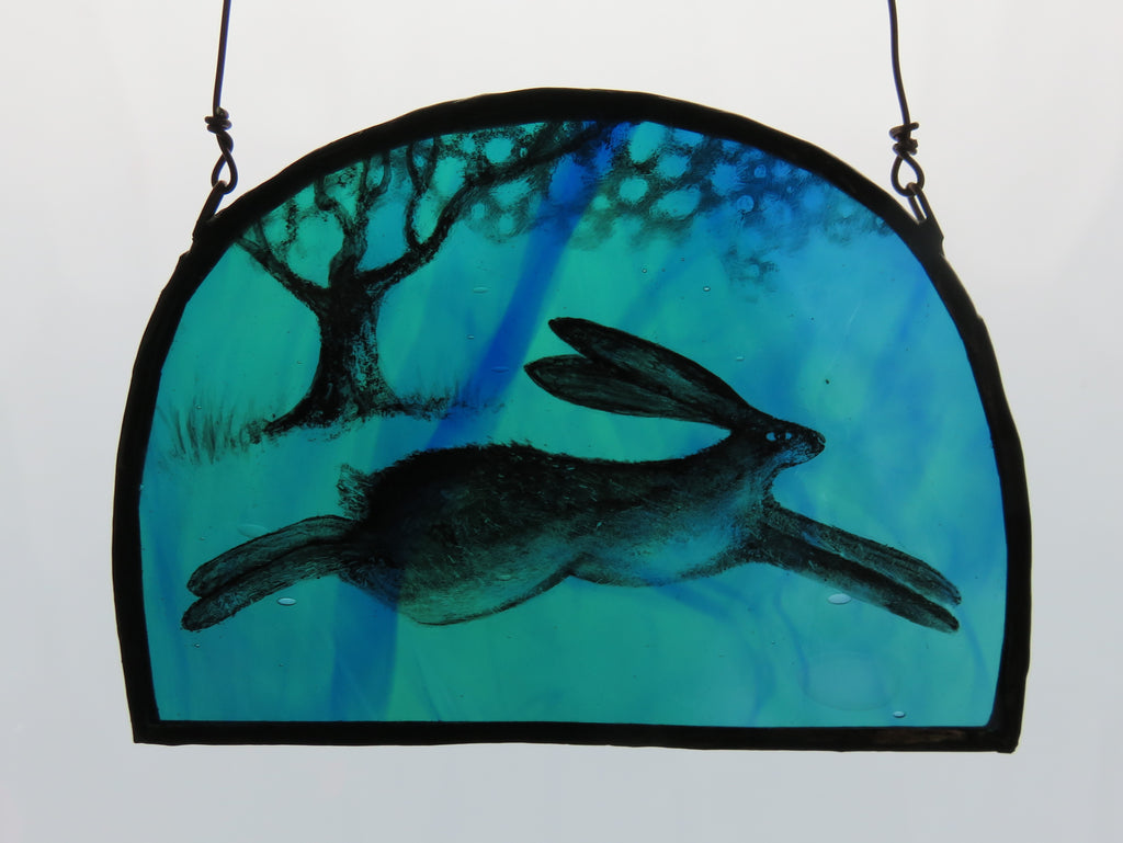 Running Hare Stained Glass Panel by Debra Eden Obsidian Art