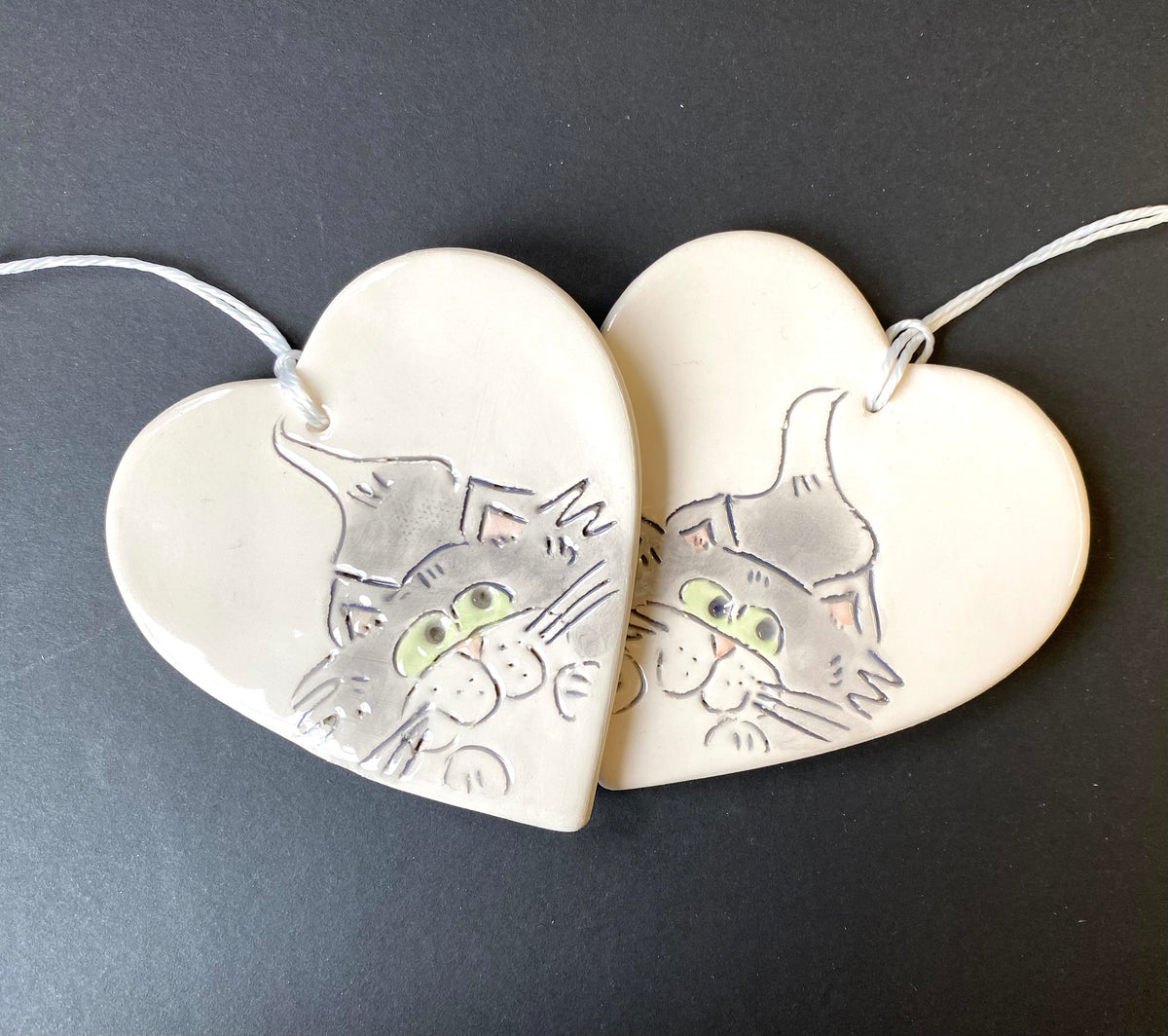 Small ceramic heart hanging with Cat design by Stephanie Beasley