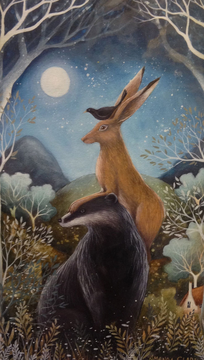The Badger, the Hare and the Blackbird (mounted) by Amanda Clark