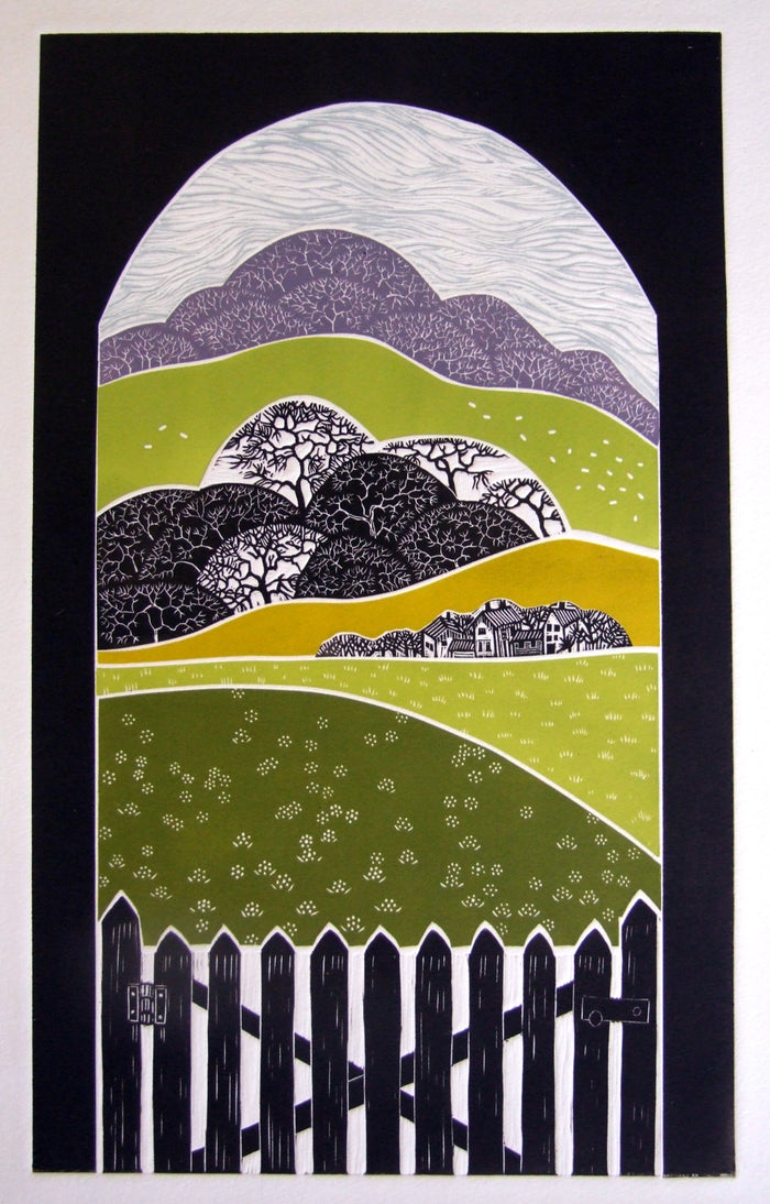 Linocut "Through Helmdon's Viaduct" by Diana Ashdown