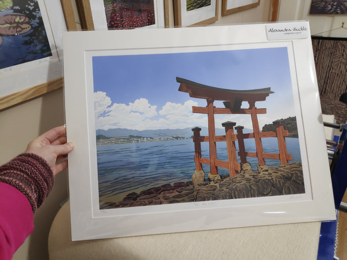 "Torii Sea View" Limited Edition Reduction Linocut Print by Alexandra Buckle