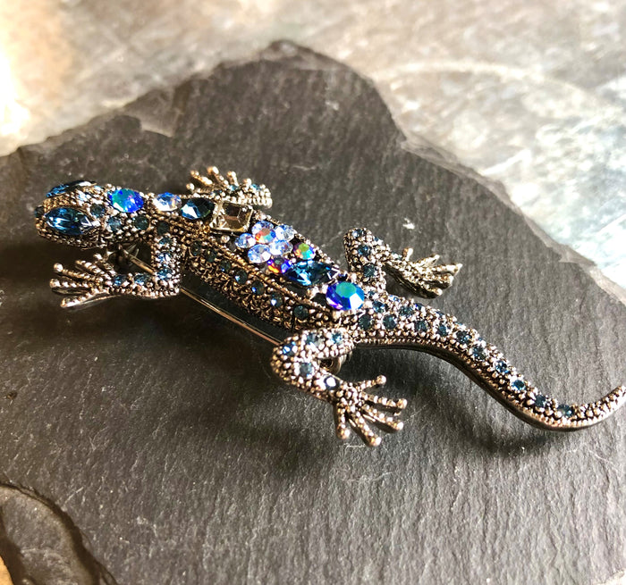 Diamante Lizard Brooch in Blue by Jieun