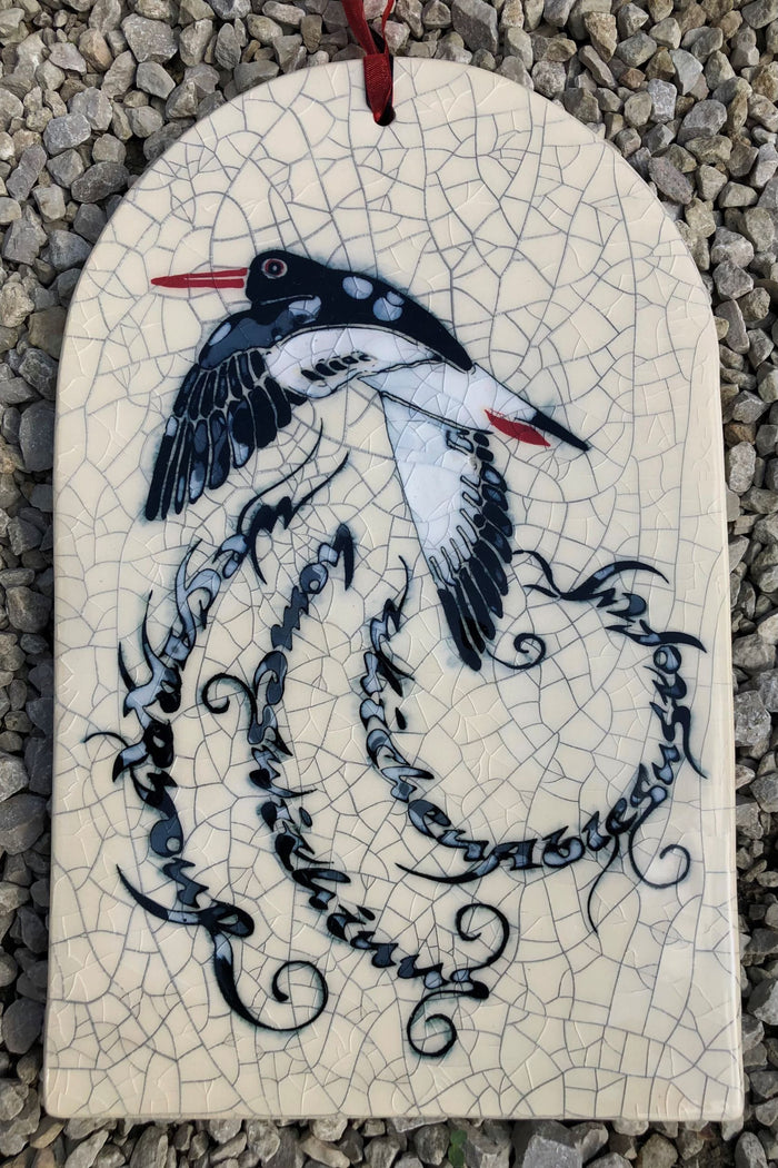Round Arch ceramic tile with Oyster Catcher by Mel Chamberser by 