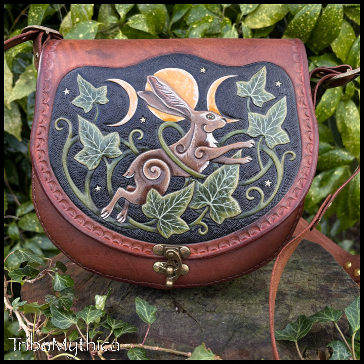Leaping Hare and Ivy Leather Bag by Esther Remiington (TribaMythica)
