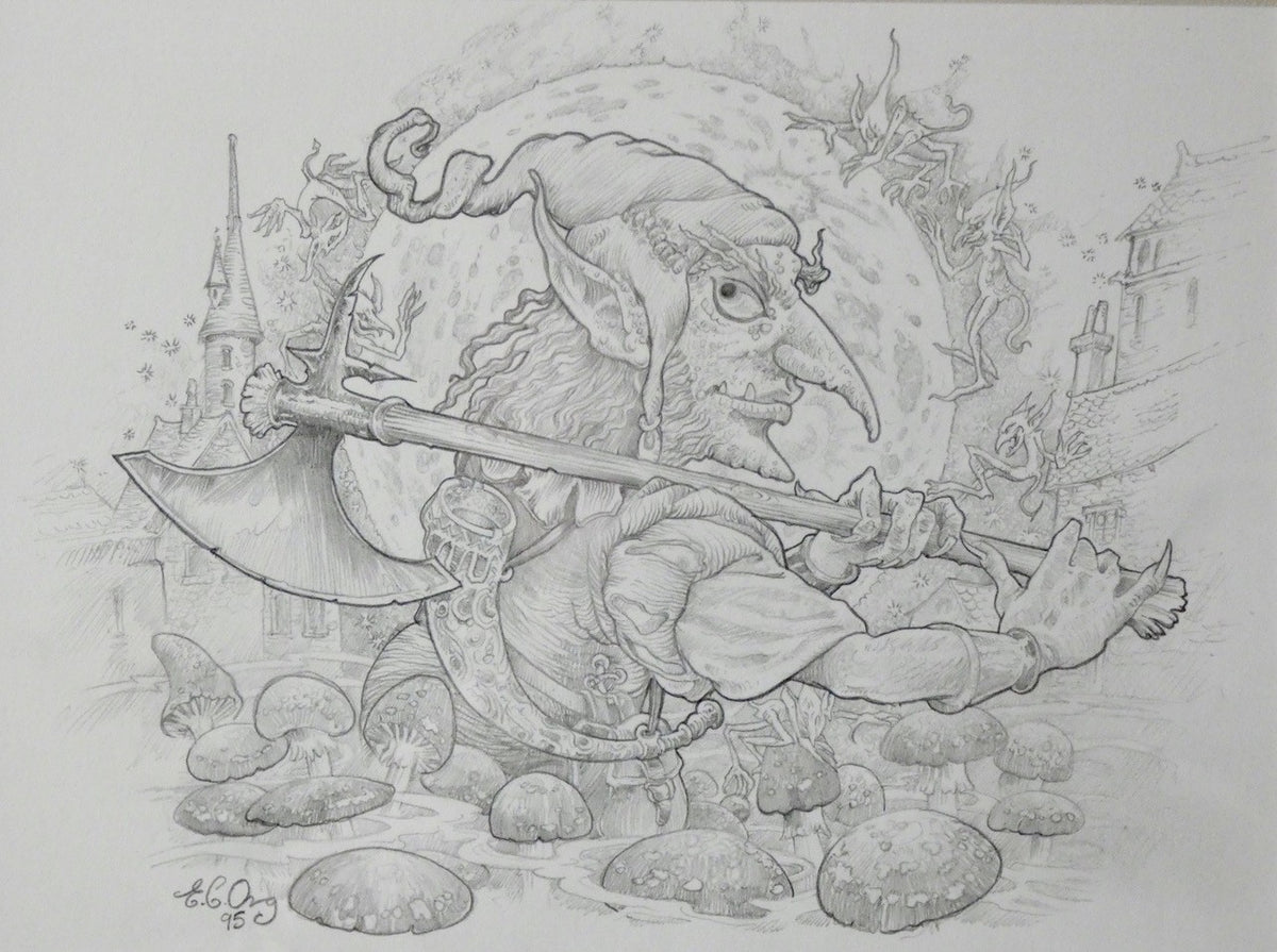 Pencil drawing of a gnome with an ax in a fantasy setting