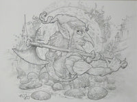 Pencil drawing of a gnome with an ax in a fantasy setting