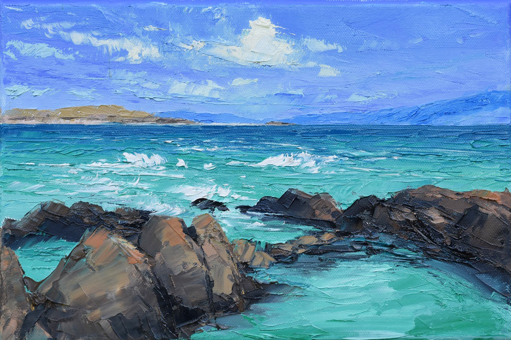 Painting of a coastal scene with rocky shoreline and turquoise water.