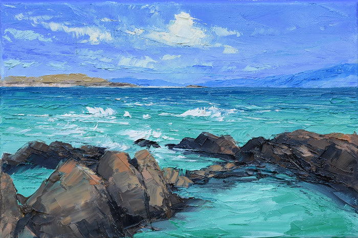 Painting of a coastal scene with rocky shoreline and turquoise water.