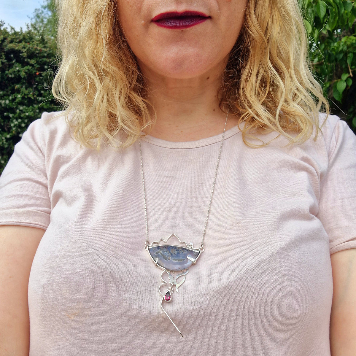 ‘Through an evaporating Window’ Necklace - Sterling Silver with Moss Agate and Garnet by Chloe Romanos (CLR280)