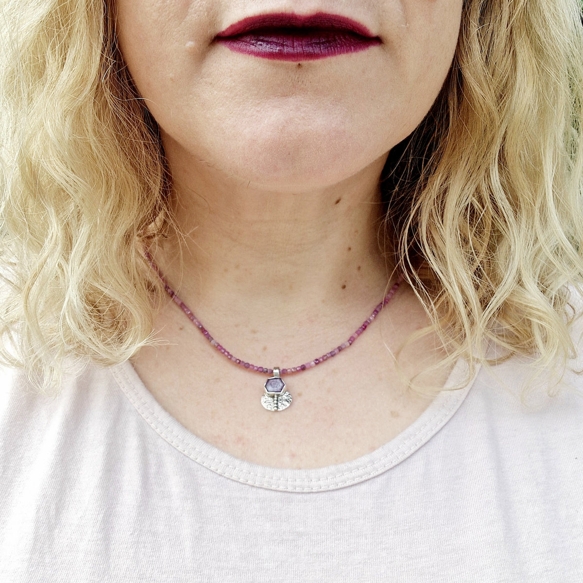 ‘Mycenae Ruby’ Necklace - Sterling Silver, Ruby Crystal and Ruby Beads by Chloe Romanos (CLR264)