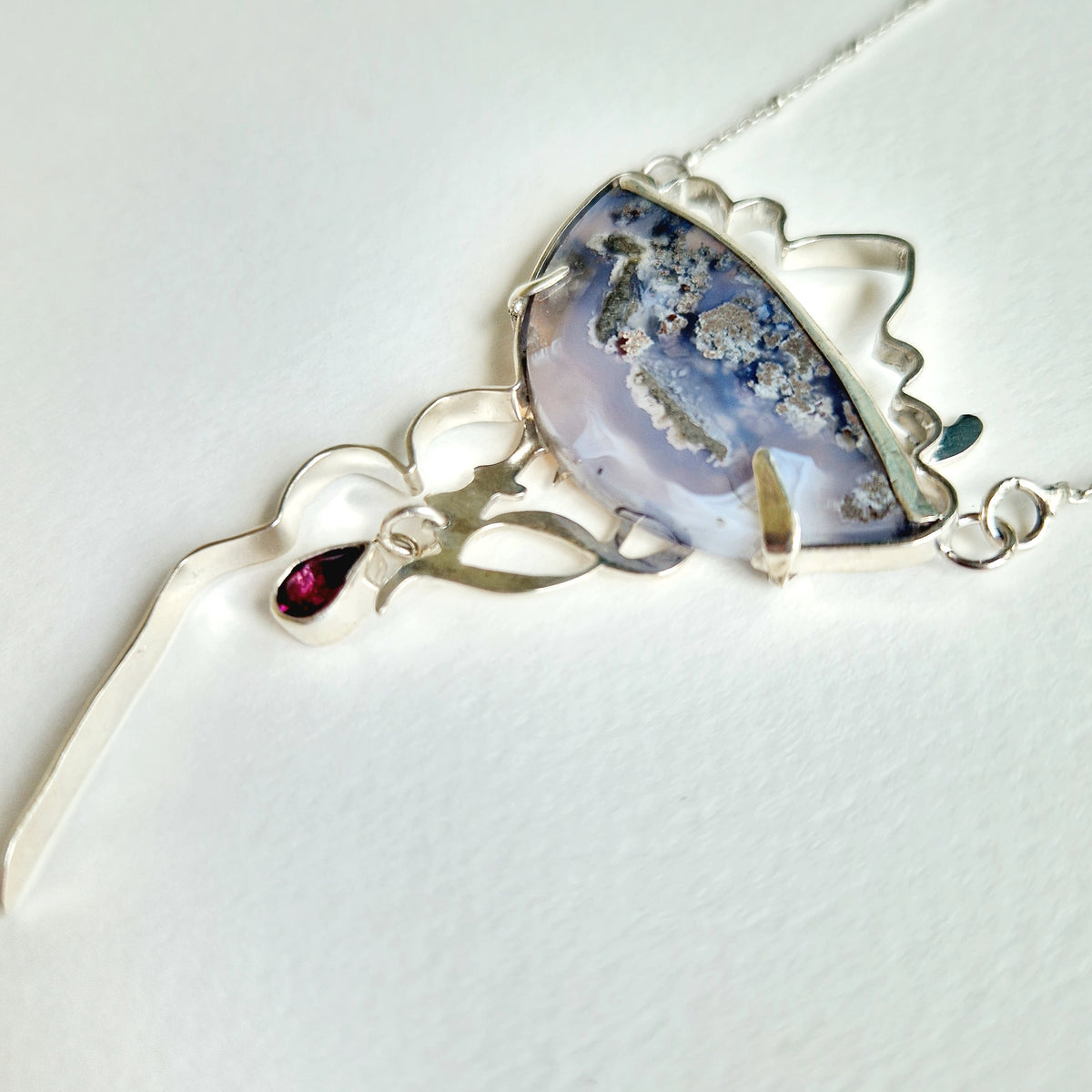 ‘Through an evaporating Window’ Necklace, sterling silver, moss agate, garnet