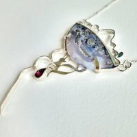 ‘Through an evaporating Window’ Necklace, sterling silver, moss agate, garnet