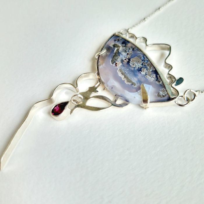 ‘Through an evaporating Window’ Necklace, sterling silver, moss agate, garnet