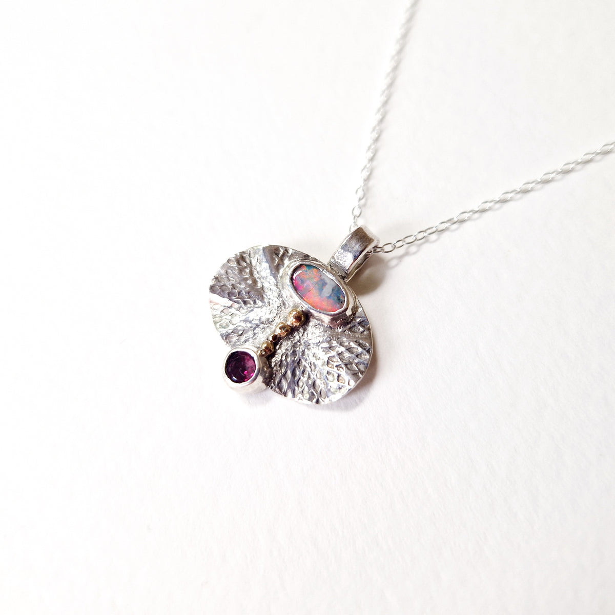 ‘Mycenae’ Necklace - Sterling Silver, Gold, Opal & Garnet by Chloe Romanos (CLR261)