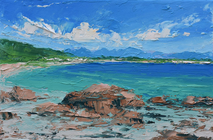 Painting of a coastal landscape with rocks, water, and mountains.