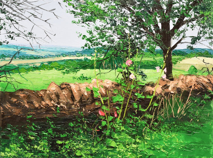 Painting of a landscape with a tree, flowers, and a fence.