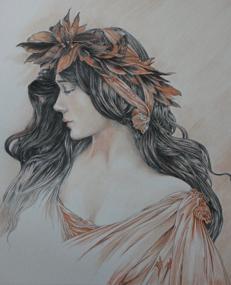 A Greek Maiden - Original Oil Pencil Drawing by Ed Org