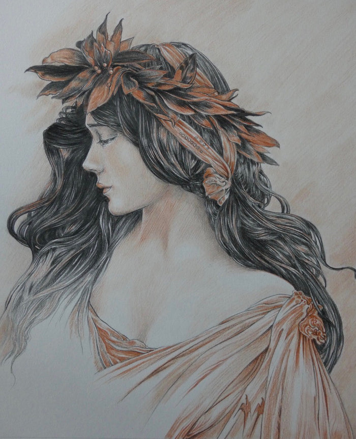 A Greek Maiden - Original Oil Pencil Drawing by Ed Org