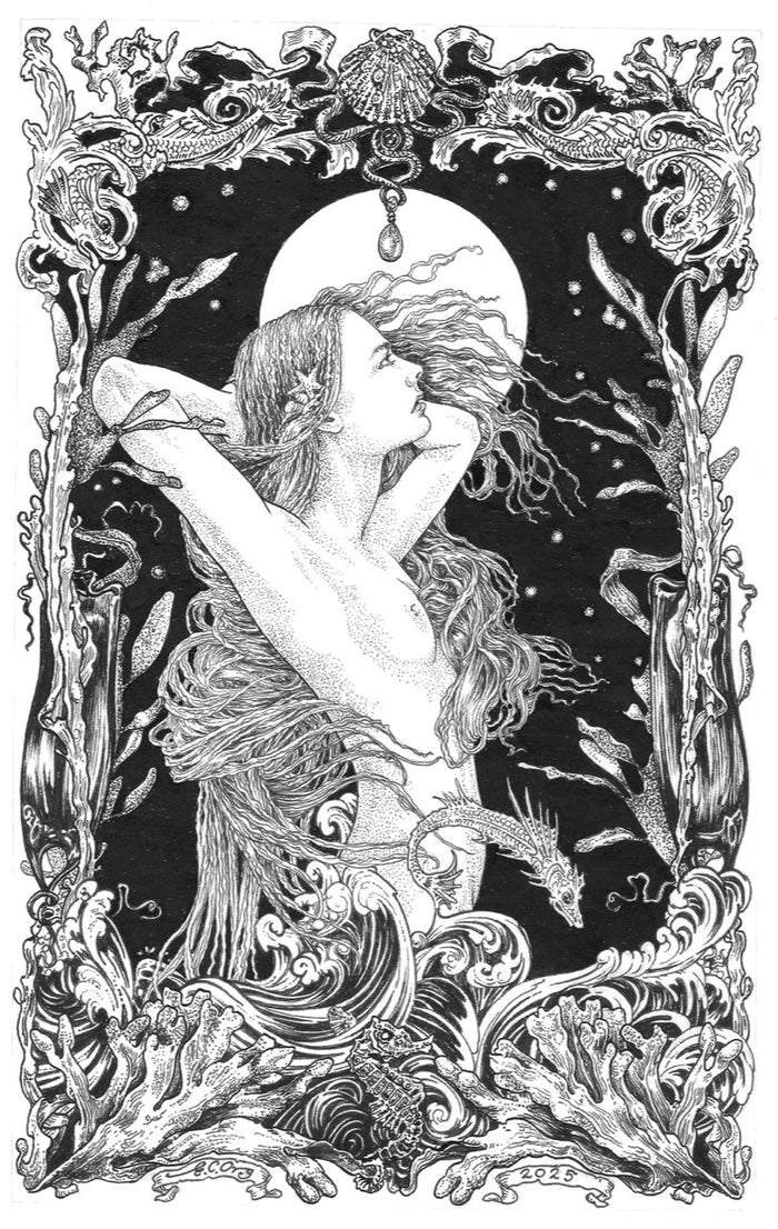 A Sea Goddess - Original Pen & Ink Drawing by Ed Org