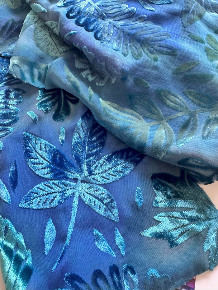Blue-Green Leaf Design Hand Painted Devore Velvet Scarf by Diane Jones (DJ30)