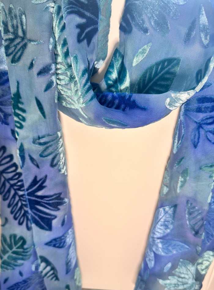 Blue-Green Leaf Design Hand Painted Devore Velvet Scarf by Diane Jones (DJ30)