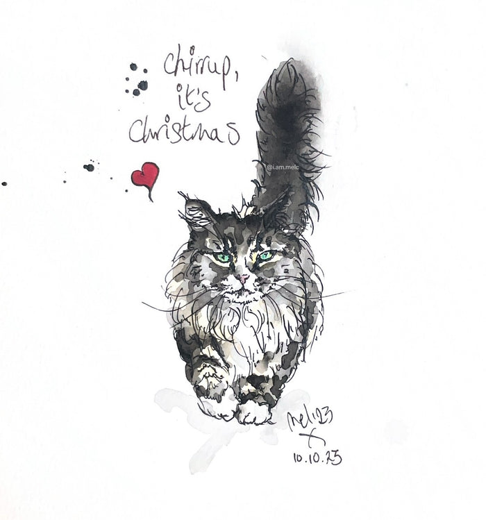 "Chirrup, It's Christmas" Pen & Ink Cat Drawing by Melanie Cairns.