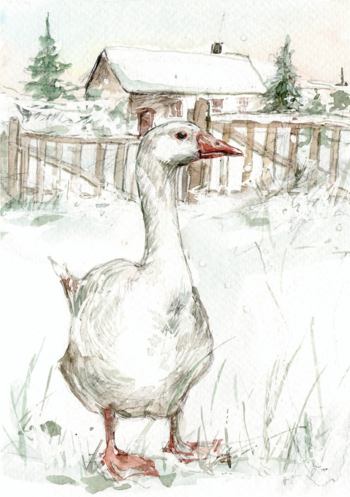 Painting of a goose standing in a snowy landscape with a house and fence in the background.