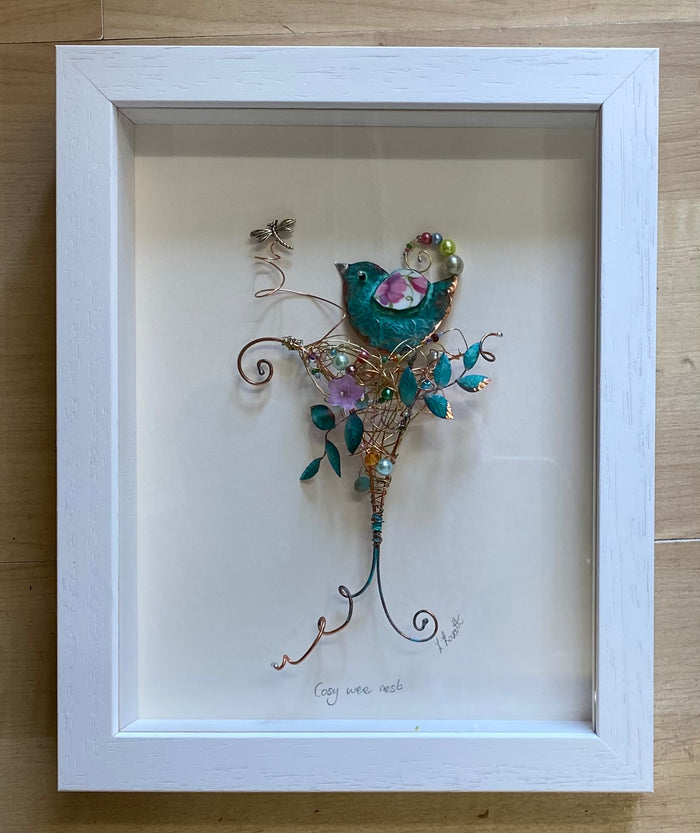 My Cosy Wee Nest Framed Assemblage Sculpture in Mixed Media by Linda Lovatt
