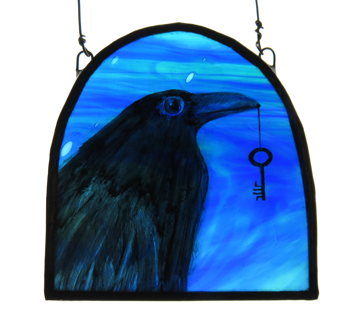 Crow & Key (blue) - Stained Glass Panel by Debra Eden