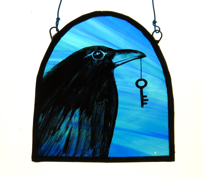 Crow & Key (light blue) - Stained Glass Panel by Debra Eden