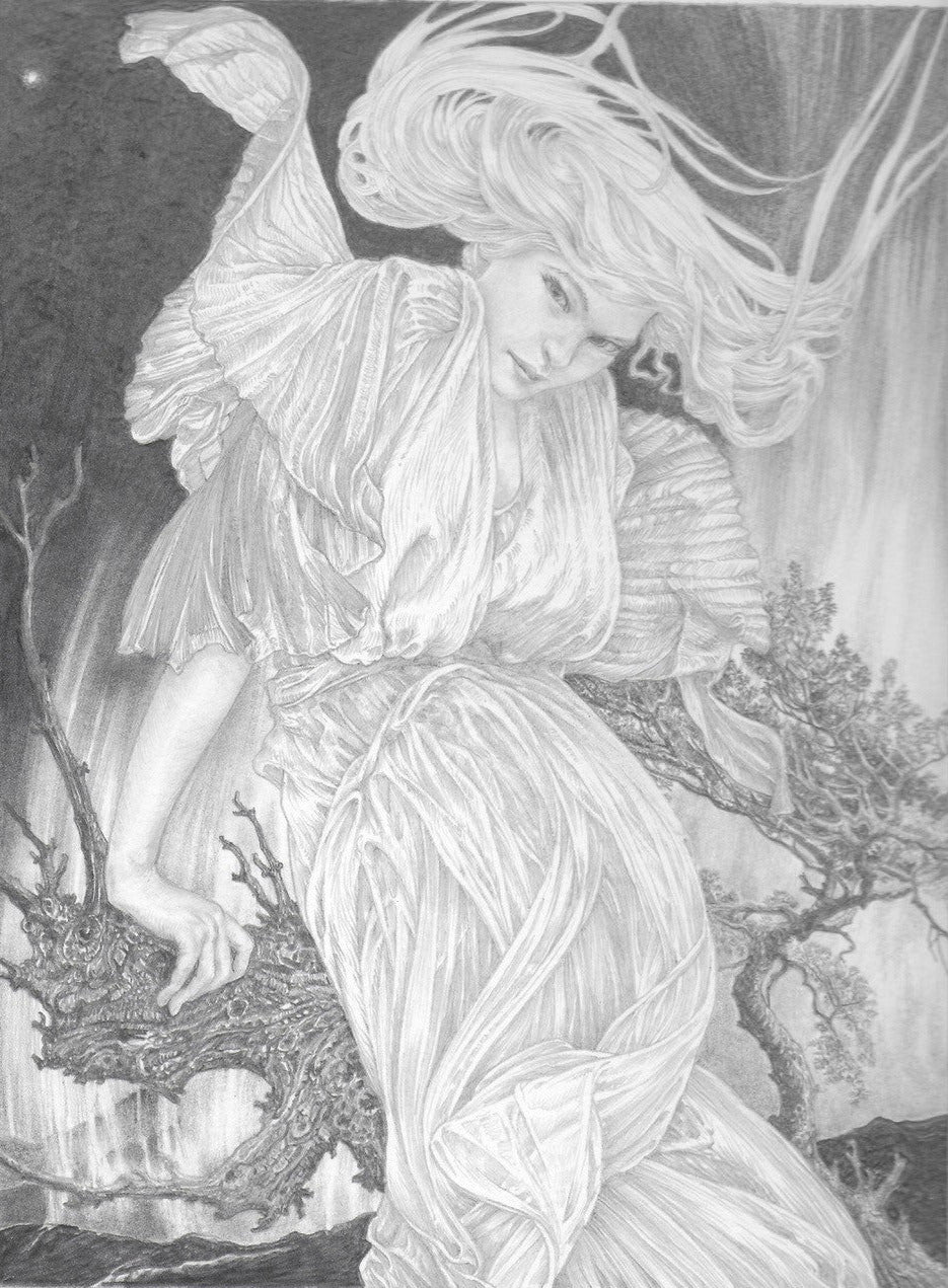 Artistic depiction of a winged creature in a fantasy setting