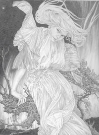 Artistic depiction of a winged creature in a fantasy setting