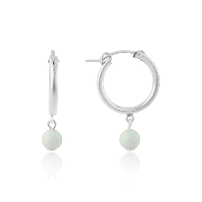 Small Silver White Opal Hoop Earrings by Lavan