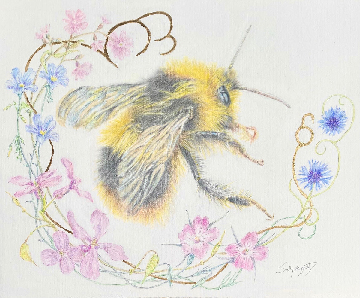 Illustration of a bee surrounded by flowers on a light background