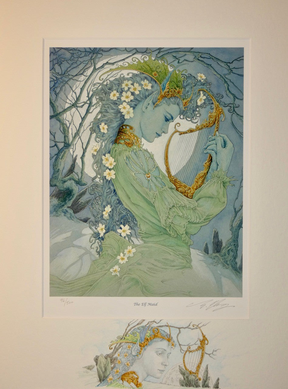 Artistic depiction of an elven woman with flowers and a harp on a beige background