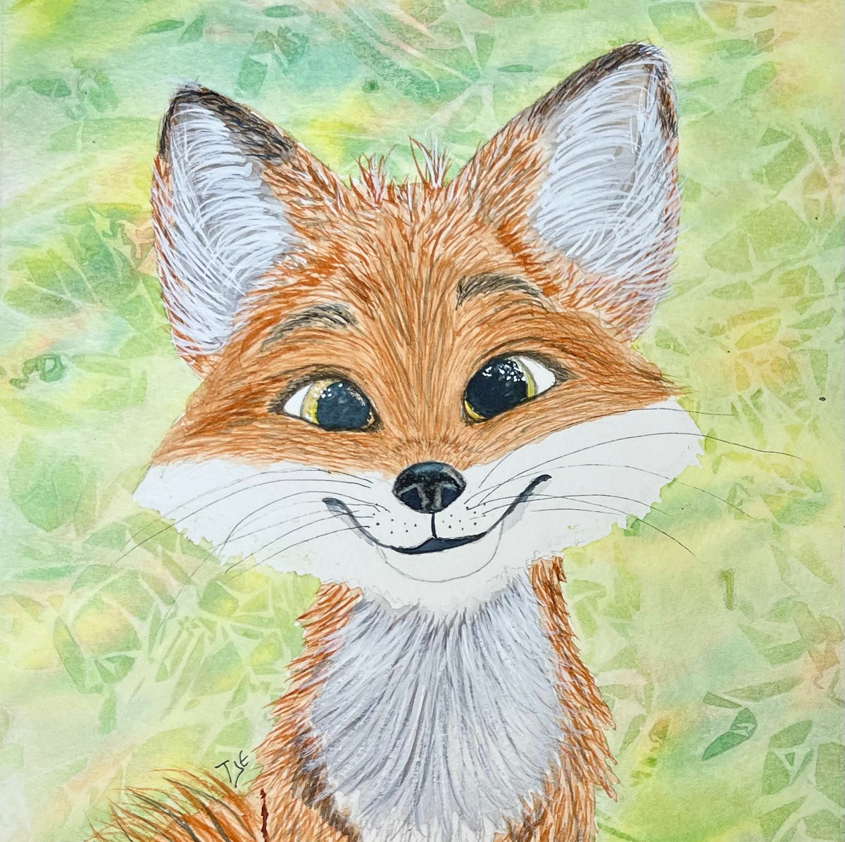 Illustration of a fox face with a green leafy background