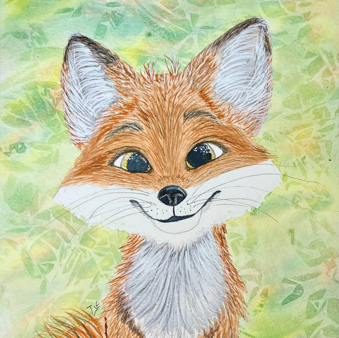 Illustration of a fox face with a green leafy background