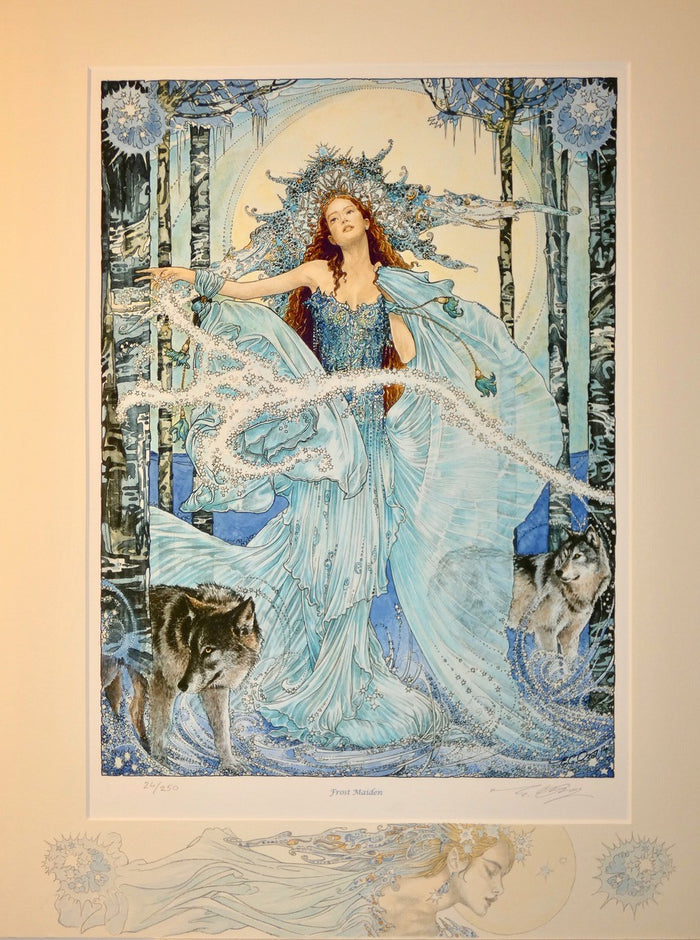 Artistic depiction of a woman in a blue dress with two wolves, framed against a snowy forest background.
