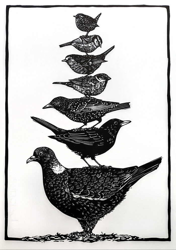 Garden Bird Stack - Linocut by Tamsin Jolly