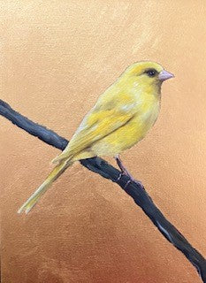 Golden Canary painting by Becky Munting, oil and gold leaf on board.