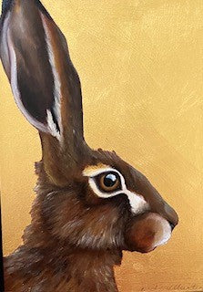 Golden Hare painting by Becky Munting, oil and gold leaf on board.